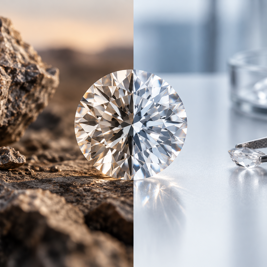 A half and half diamond of natural vs synthetic