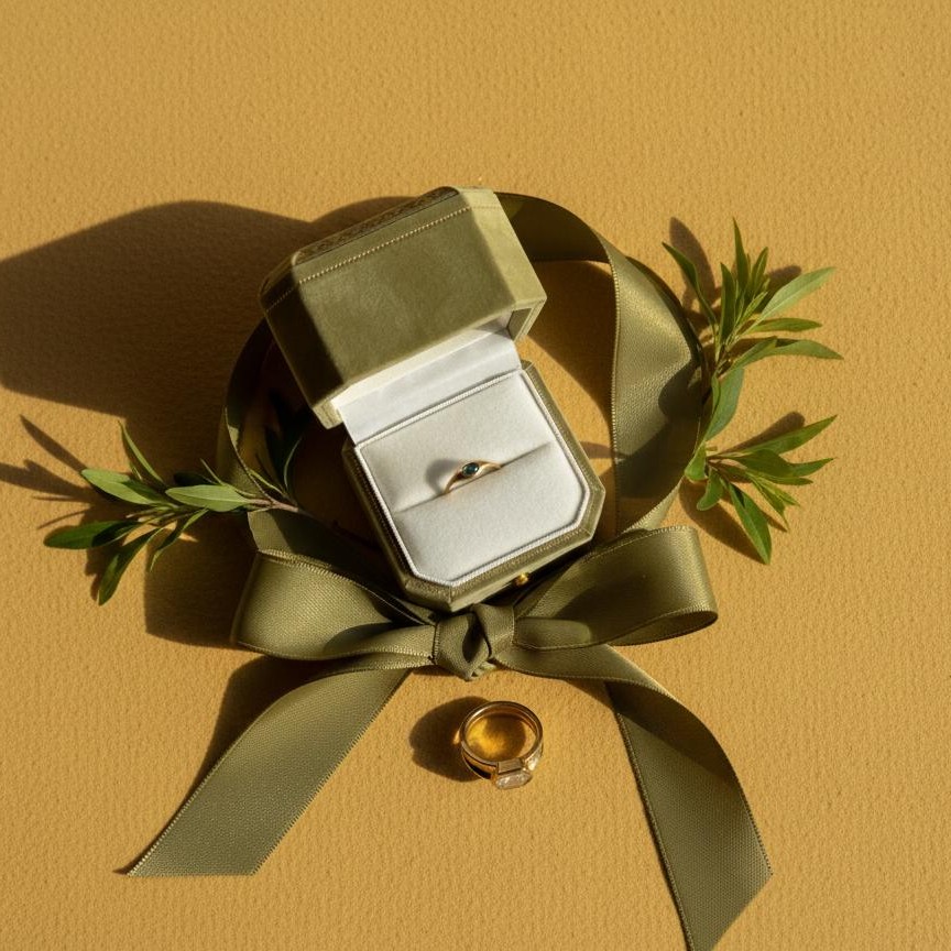 Ring box with rings and green bow and mistletoe branch